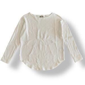 Lilla P Women’s White Waffle Knit Long Sleeve Top Kangaroo Pocket Size M
